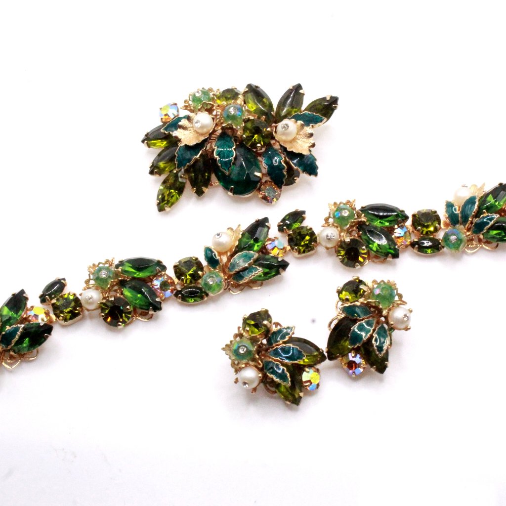 Weiss Signed Ab Crystals Enamel Brooch Bracelet Earrings Parure Set